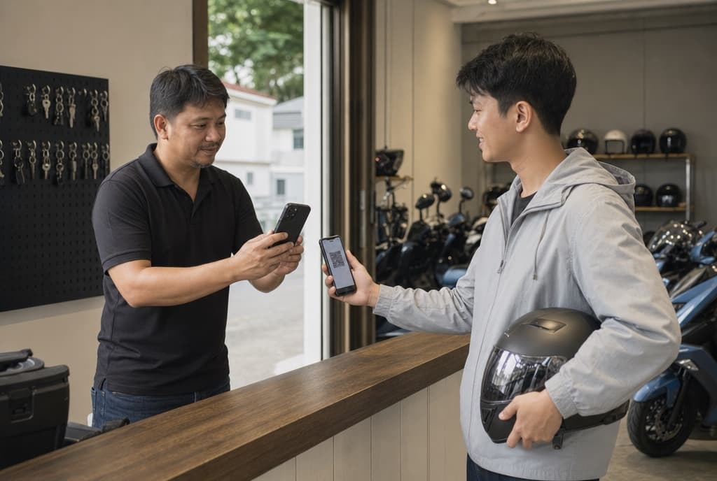 A shop owner scanning a rider's QR code across the counter at handover