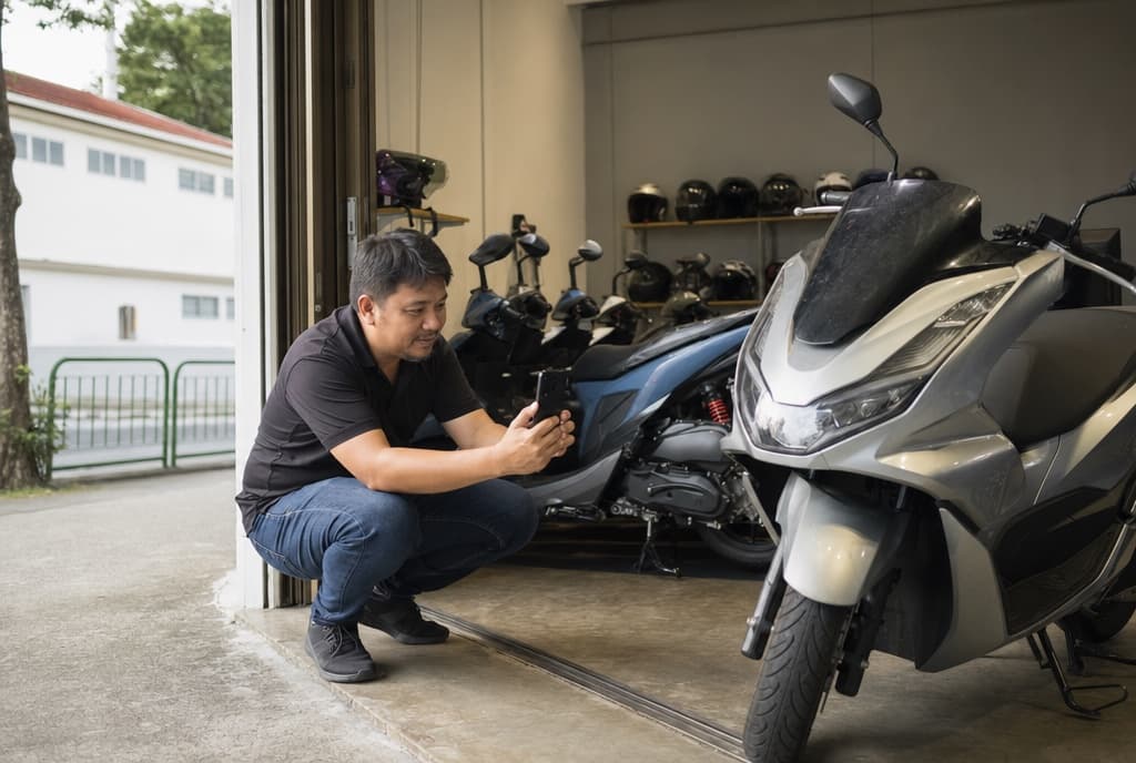 A rental shop owner photographing a scooter in his shop doorway to list it on GoRent