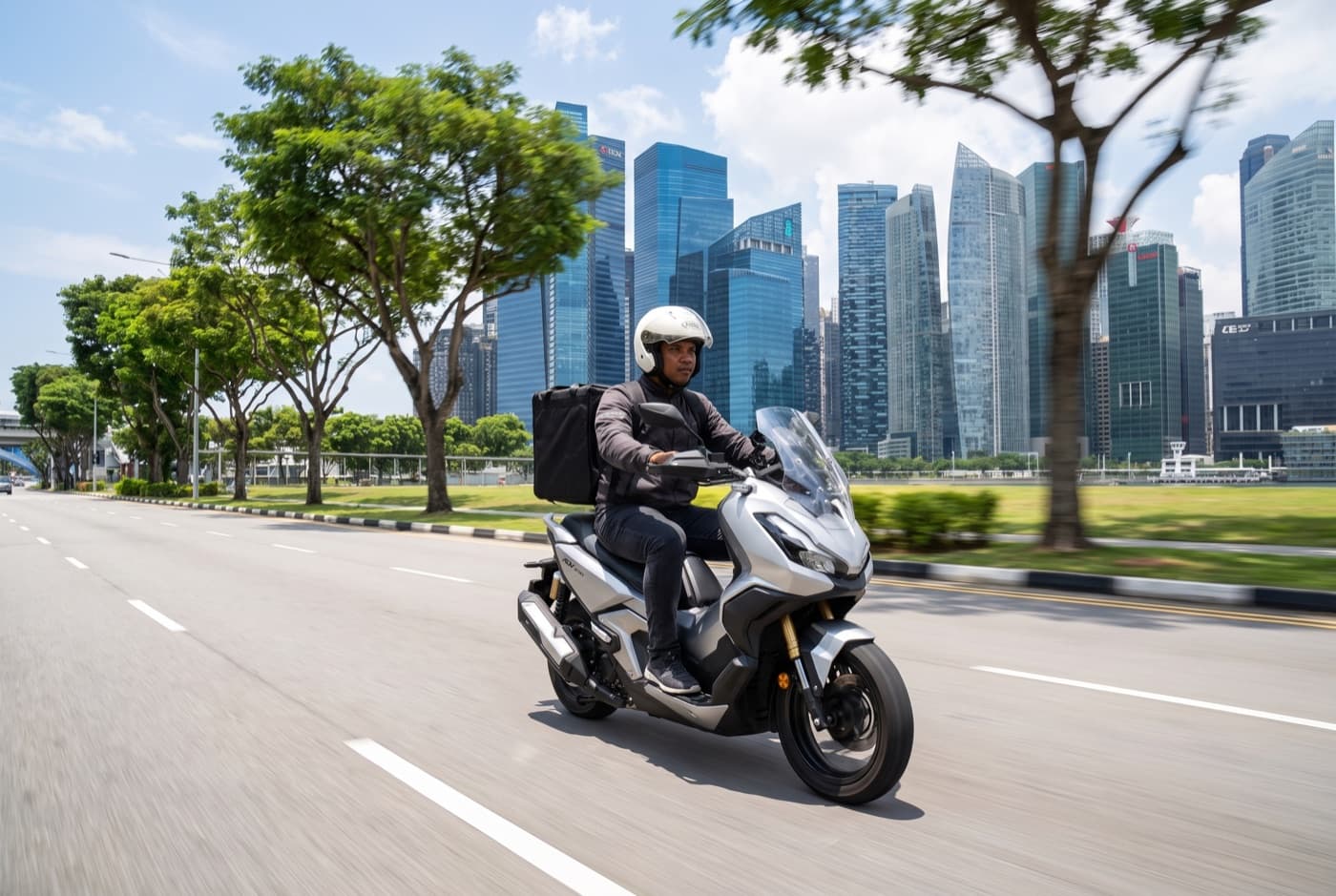 A helmeted rider on the move past the Marina Bay skyline in Singapore